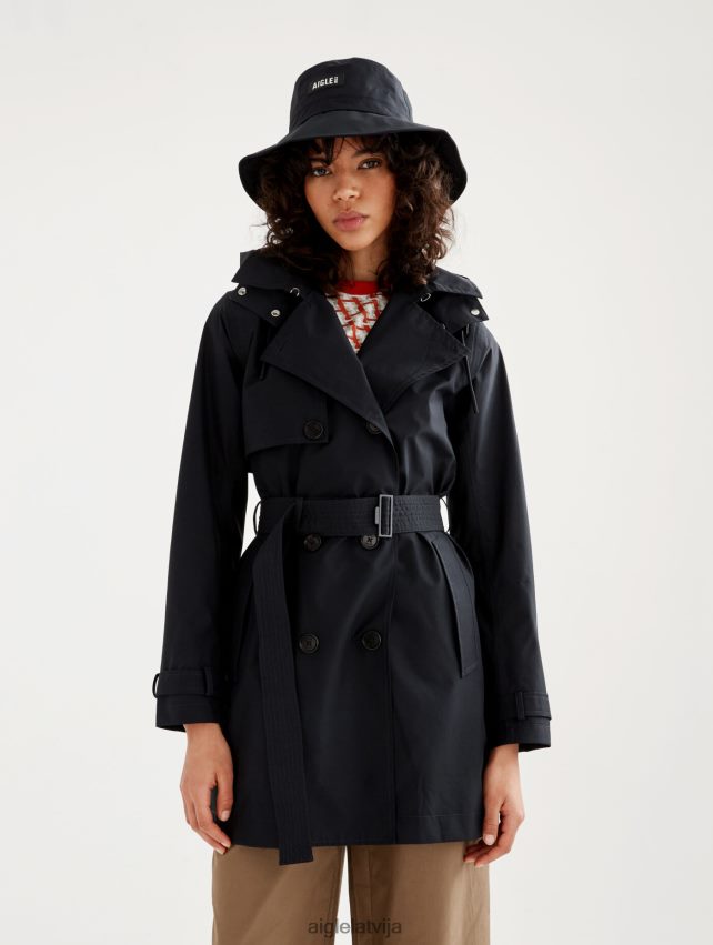 Aigle sievietes noņemama kapuce, īss gore-tex trenčs noir drēbes P0R84L463