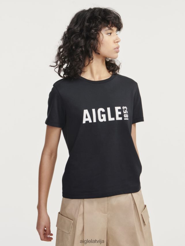 Aigle sievietes apdrukāts pyratex t-krekls ar īsām piedurknēm noir drēbes P0R84L582