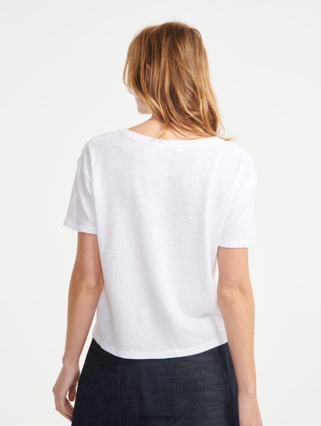 Aigle sievietes lina maisījuma t-krekls ar īsām piedurknēm blanc drēbes P0R84L684